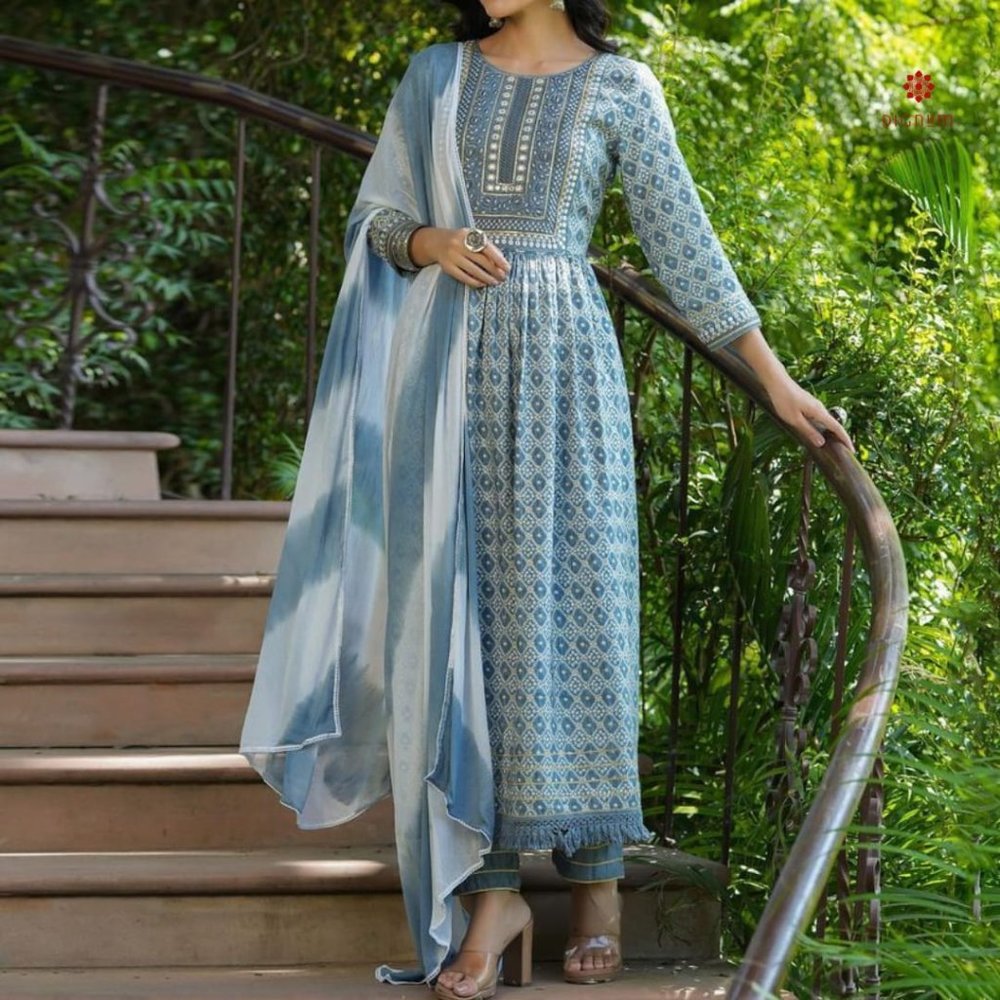 Sky Blue Printed Cotton Suit - Set of 3 - Picture 3 of 4